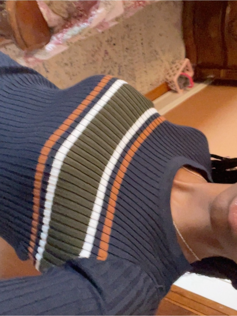 Ribbed Navy Sweater with Olive and Rust Stripes